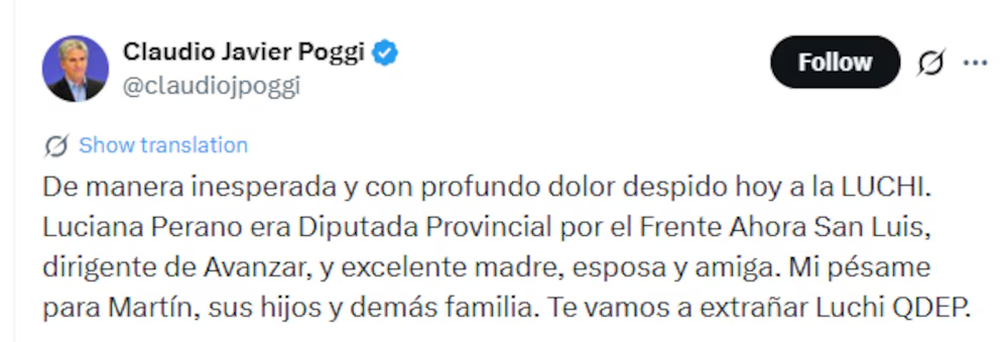 El gobernador de la provincia de San Luis despidi&oacute; a la diputada fallecida Luciana Perano (@claudiojpoggi)