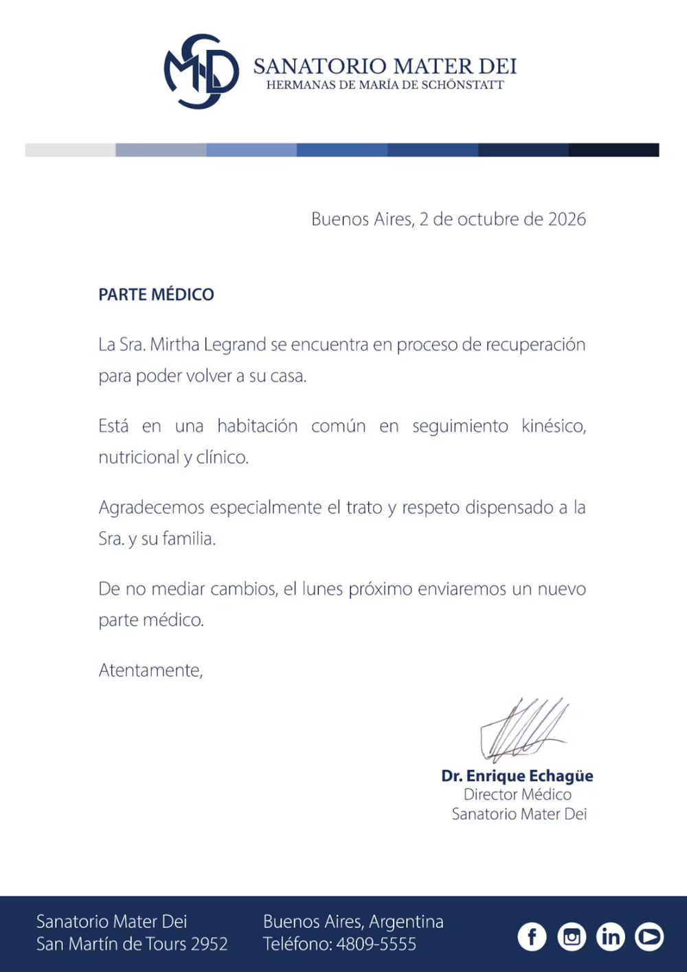 El nuevo parte m&eacute;dico de Mirtha Legrand fue difundido este viernes 2 de octubre por el Sanatorio Mater Dei.