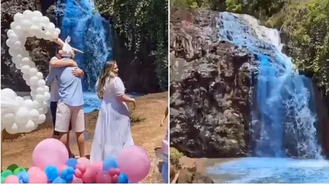 Una pareja causa indignación tras pintar una cascada para revelar el sexo de su bebé