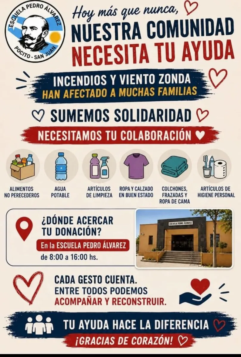 Las colaboraciones pueden acercarse al establecimiento ubicado sobre calle 13, entre Ruta 40 y Alfonso XIII.