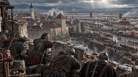 Recreación artística del asedio de Kőszeg, en agosto de 1532. Desde las murallas, los defensores dirigidos por Nikola Jurišić contemplan el inmenso campamento otomano. La pequeña ciudad resistió durante casi un mes y convirtió el tiempo en su principal aliado frente a las fuerzas de Solimán I.