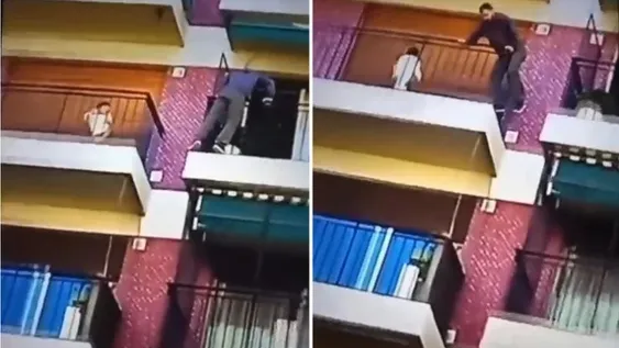 [VIDEO] Salta al balcón de un quinto piso para rescatar a un niño en peligro