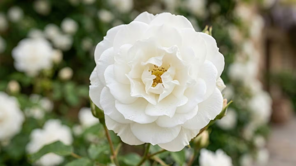Gracias a su crecimiento r&aacute;pido y su f&aacute;cil cuidado, la Rosa Iceberg es ideal para cubrir muros, p&eacute;rgolas y espacios exteriores (Imagen creada con IA).