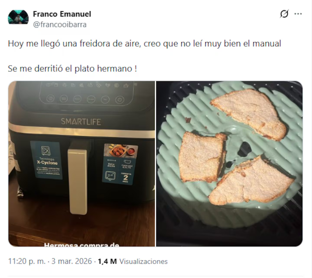 El plato del joven quedó derretido en la freidora de aire. (Captura: X/@francooibarra)