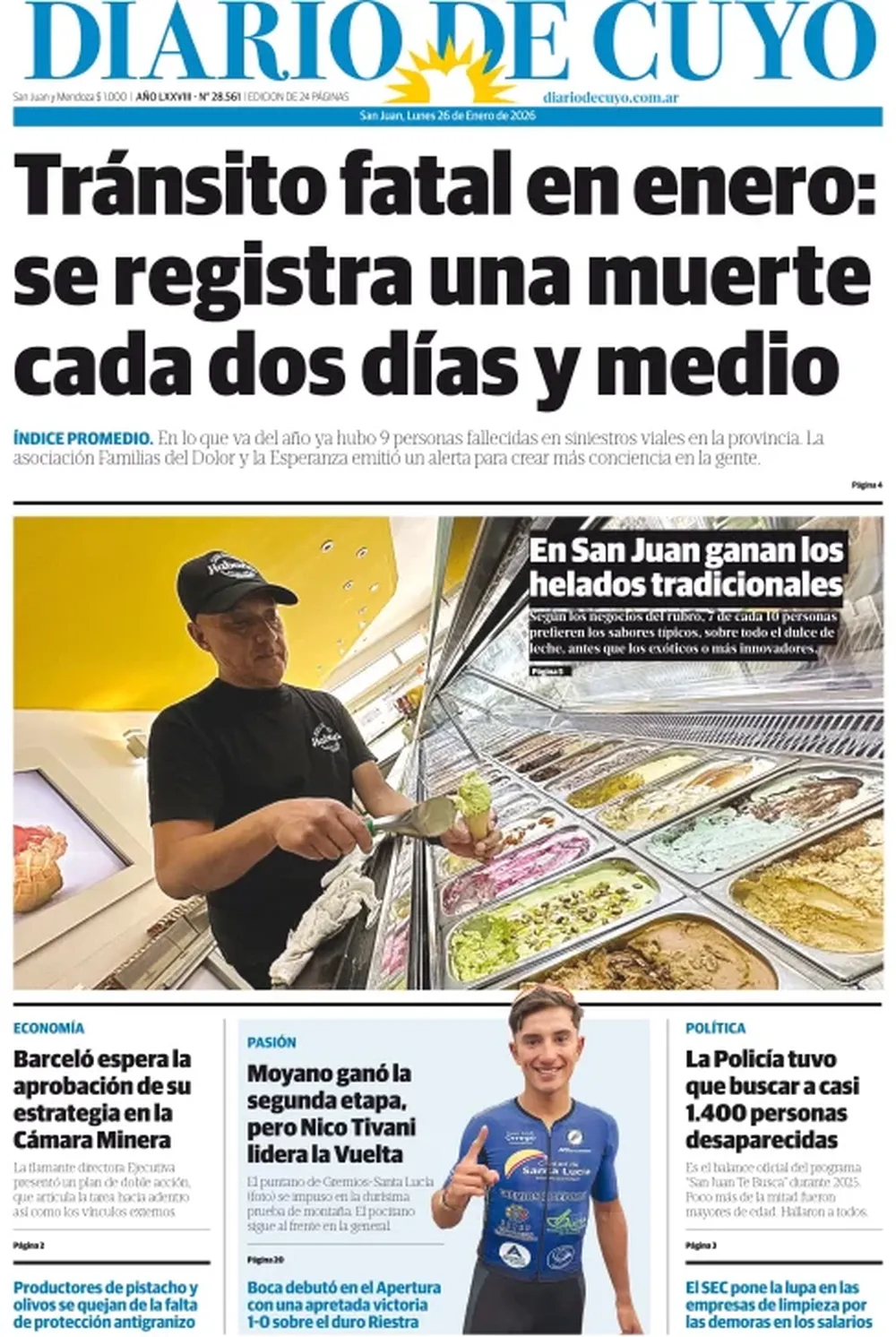 Tapa Edicion Diario de Cuyo 26 de Enero 2026