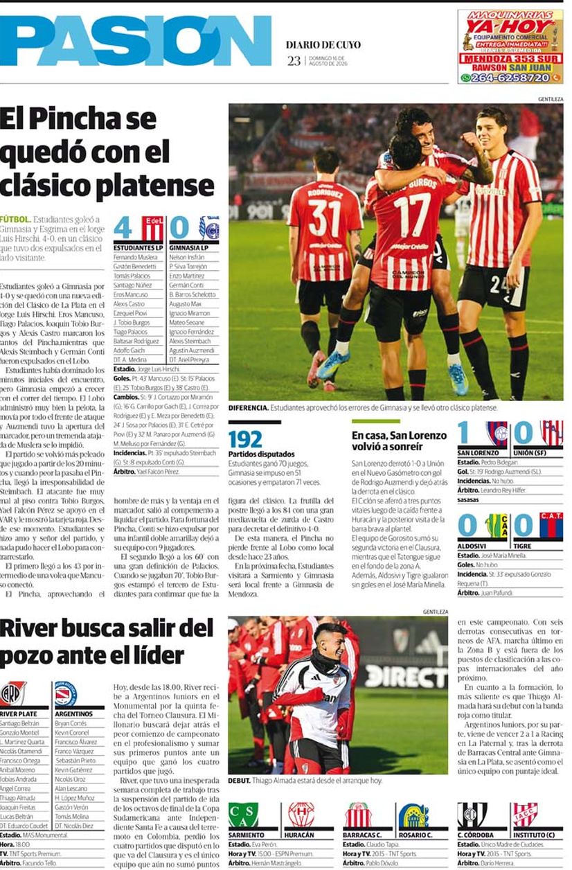 Diario de Cuyo | Tapa Pasión 16 de Agosto 2026
