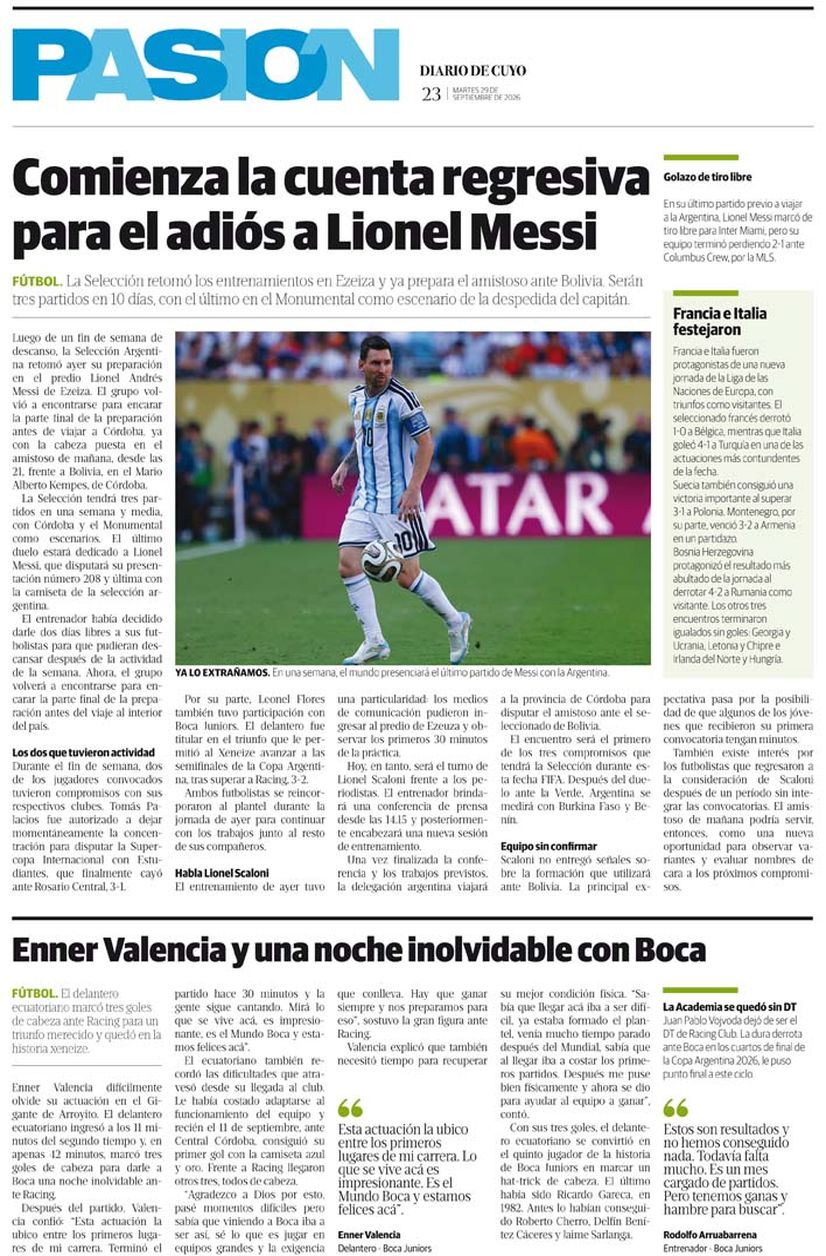 Diario de Cuyo | Tapa Pasión  29 de Septiembre 2026