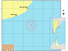 Epicentro del sismo de magnitud 4.9 de este jueves que se sintió fuertemente en Mar del Plata. Epicentro del sismo de magnitud 4.9 de este jueves que se sintió fuertemente en Mar del Plata.