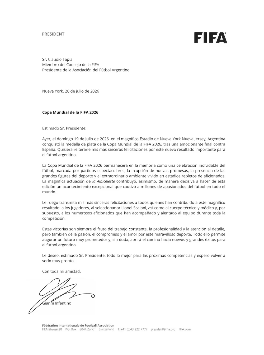 La carta de Gianni Infantino a la selecci&oacute;n argentina.