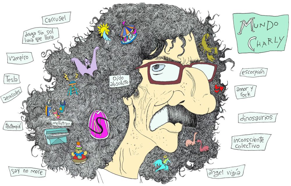 Charly García en viñetas y postales de Rep. Un recorrido gráfico por su origen, sus influencias, su genio, su delirio, su música y sus polémicas: de Sui Generis a Serú Girán, del oído absoluto a la lógica del escorpión.