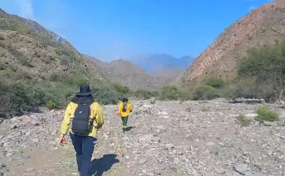 TRABAJO IN SITU. Un equipo de Bomberos llegó hasta la serranía haciendo la mitad del camino a pie. Hoy volverán.