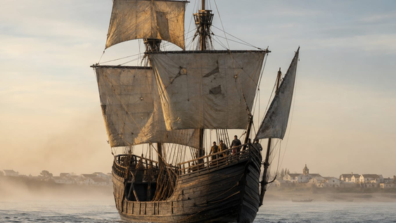 La nao Victoria entra en Sanlúcarde Barrameda el 6 de septiembre de 1522. De las cinco embarcaciones queiniciaron la expedición, fue la única que regresó. A bordo quedaban 18supervivientes. Recreación visual realizada bajo criterios históricos.