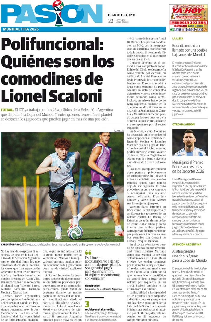 Diario de Cuyo | Tapa Pasión 4 de Junio 2026