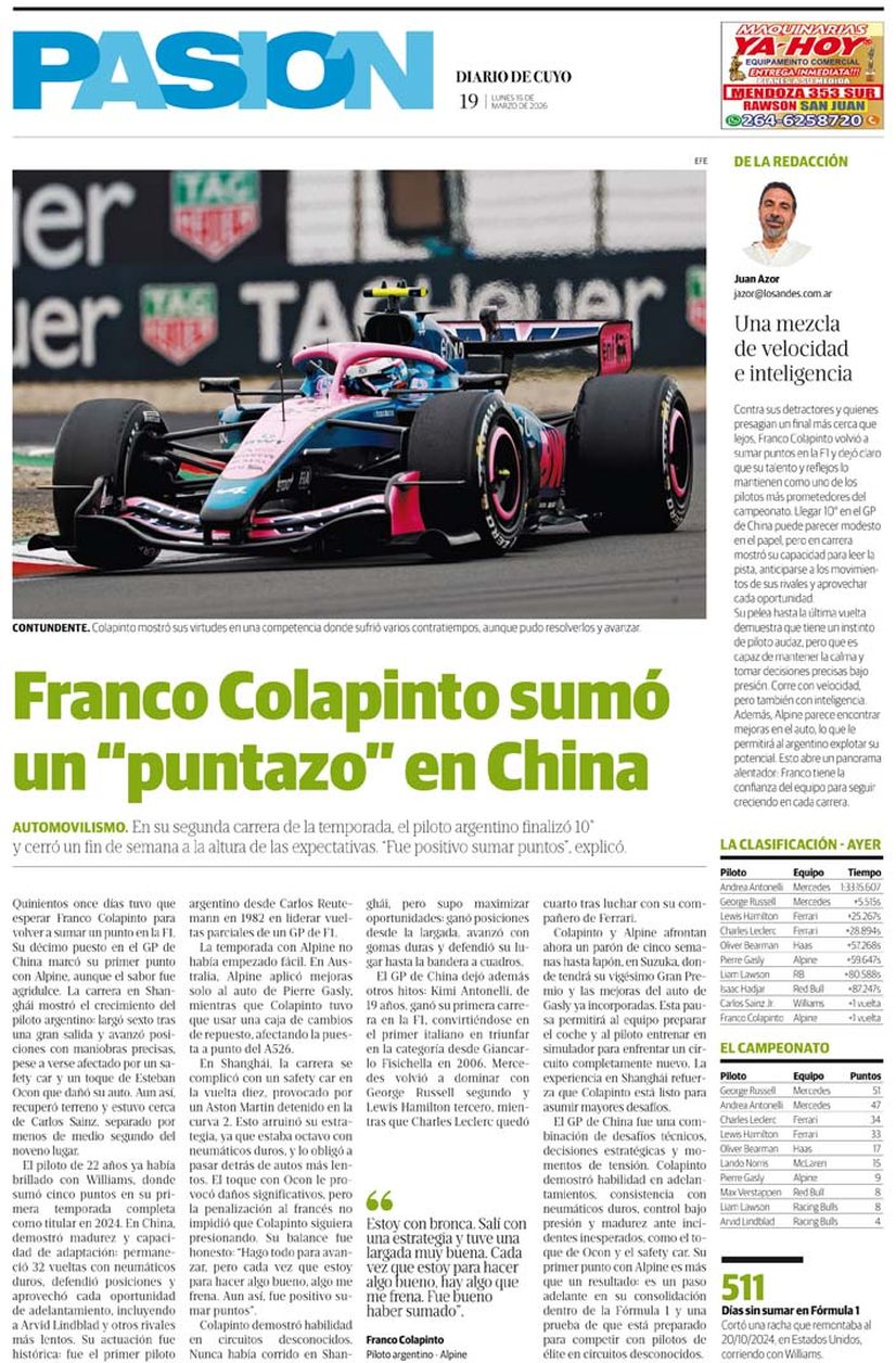 Diario de Cuyo | Tapa Pasión 16 de Marzo 2026