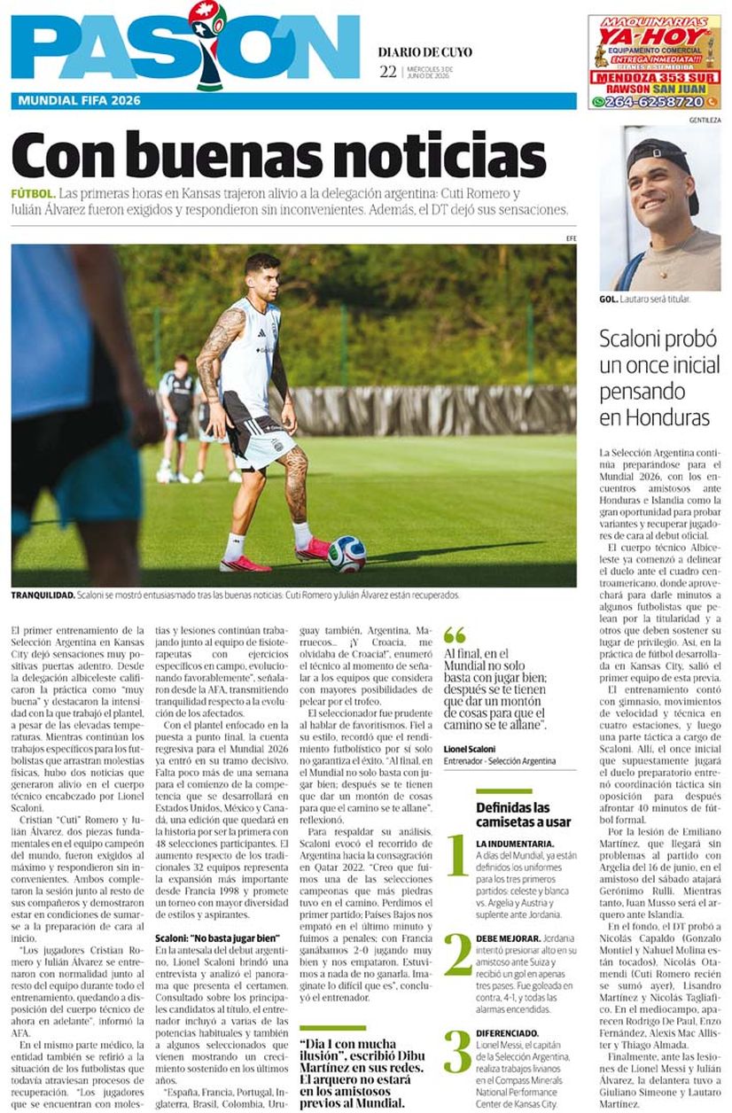 Diario de Cuyo | Tapa Pasión 3 de Junio 2026