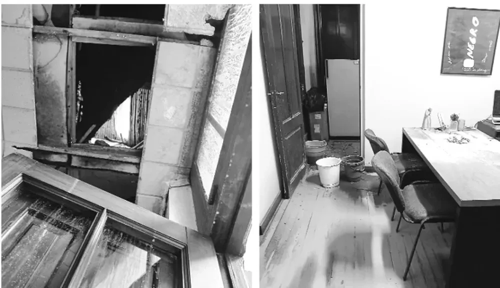 LA FOTO de la izquierda muestra el techo de caña y palos con el que está construido el edificio de la Aliaza Francesa en pleno centro de la Ciudad de San Juan. A la derecha, el personal suele colocar baldes para que el agua escurrida desde el techo no inunde las distintas salas del lugar