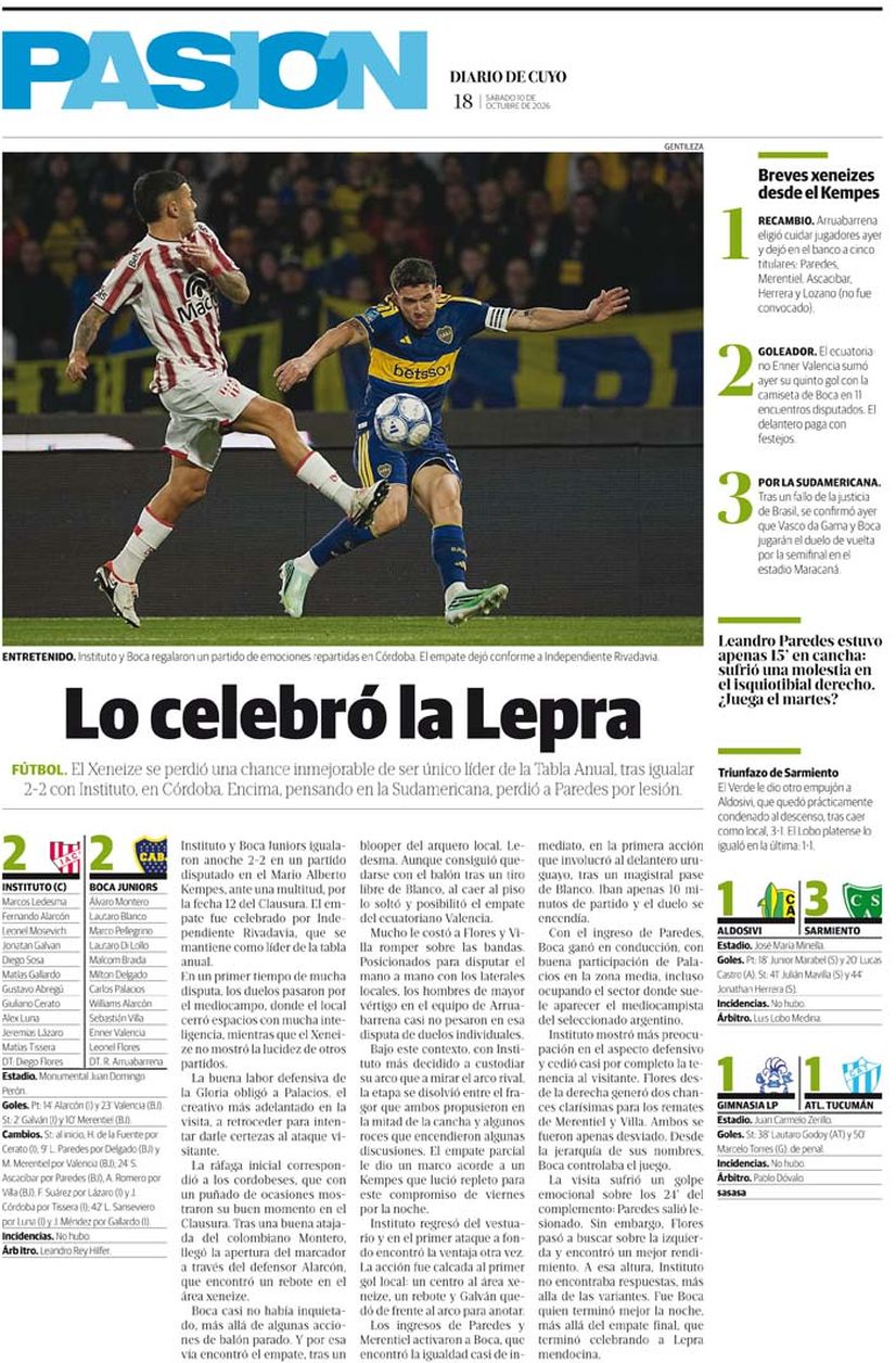Diario de Cuyo | Tapa Pasión 10 de Octubre de 2026