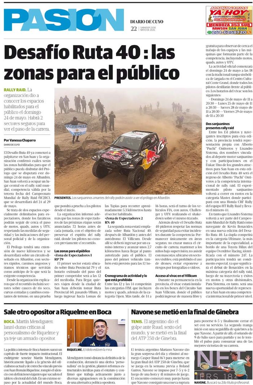 Diario de Cuyo | Tapa Pasión 23 de Mayo de 2026