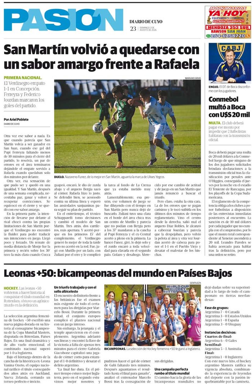 Diario de Cuyo | Tapa Pasión 2 de Agosto 2026