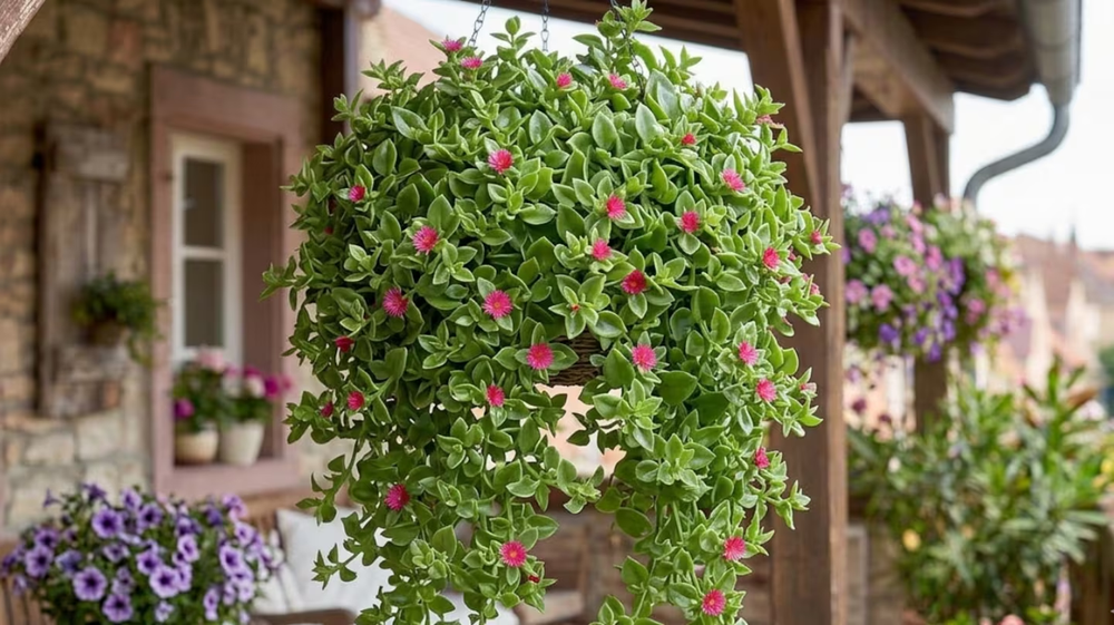 Follaje denso y flores fucsias que aparecen entre el verde brillante (Imagen creada con IA).