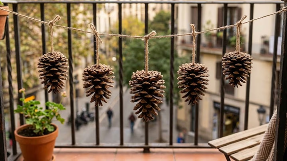 para que sirve colgar pinas de pino en el balcon en otono e invierno