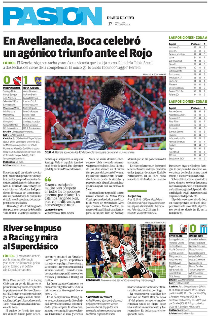 Diario de Cuyo | Tapa pasión 26 de Octubre 2026