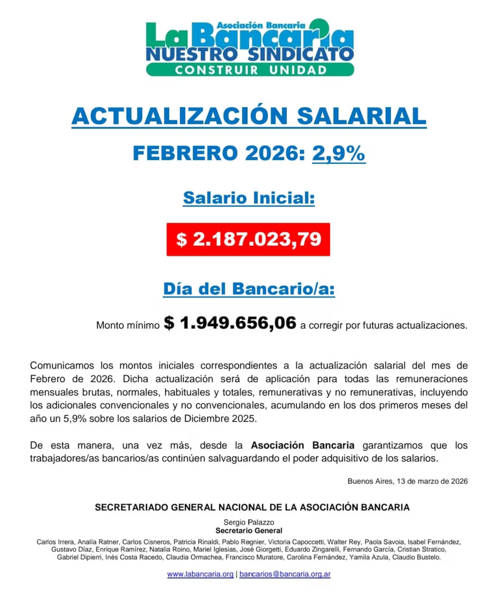 El comunicado del gremio informando el aumento para los empleados bancarios