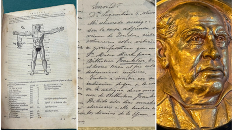 Los tesoros de la Biblioteca Franklin: un libro de Vitrubio de 1567, la carta de Sarmiento y el medallón de bronce que sobrevivió un incendio