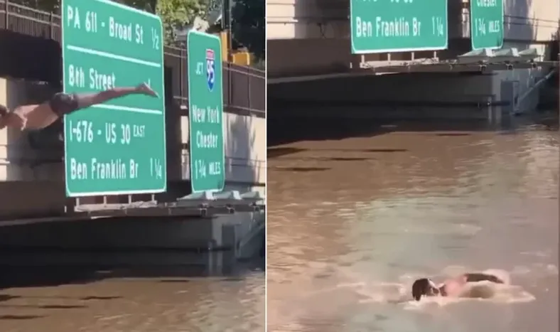 Realizó un peligroso clavado en una autopista inundada en Filadelfia