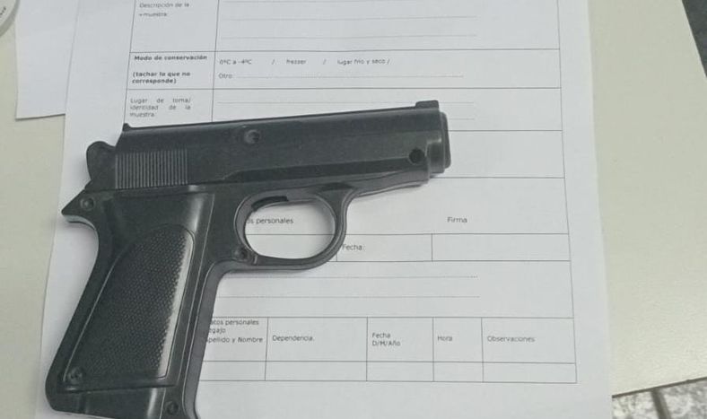 Réplica de plástico con la que robaron a una mujer en la puerta de su casa.