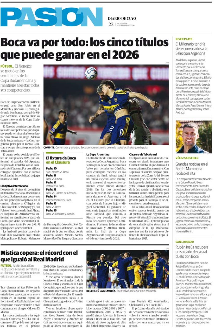 Diario de Cuyo | Tapa Pasión 17 de Septiembre 2026