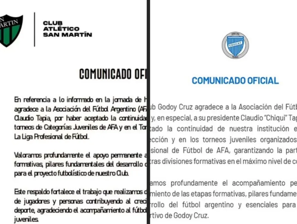 San Martín agradeció a la AFA y a Tapia, pero hubo una llamativa similitud con el comunicado de Godoy Cruz