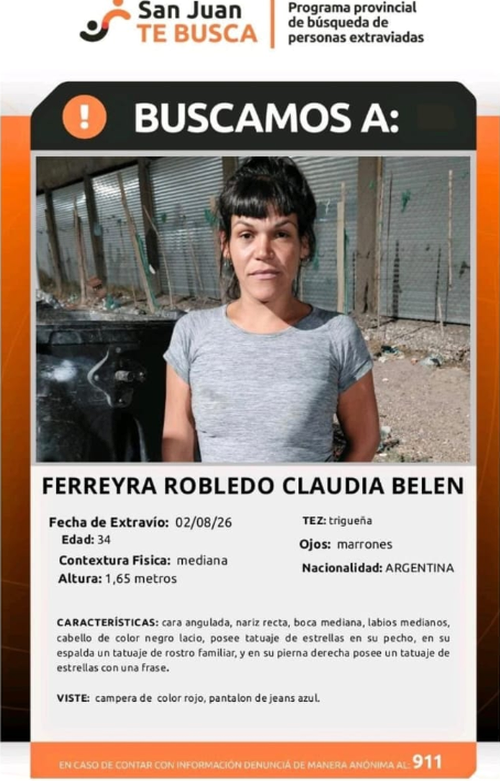 Activaron la búsqueda de Claudia Belén Ferreyra Robledo, de 34 años, desaparecida desde el 2 de agosto. Cualquier información debe comunicarse al 911.