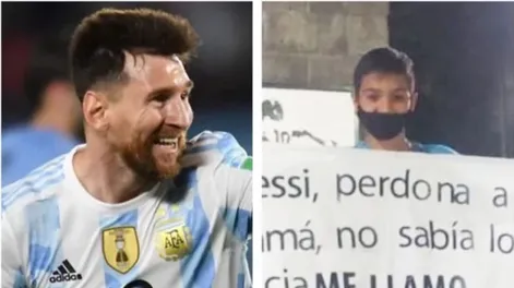 Un hincha de 11 años sorprendió a Messi en Ezeiza con un desopilante cartel