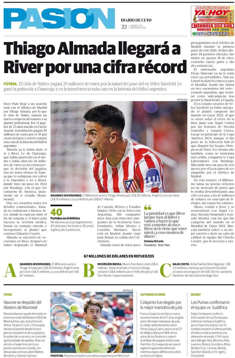 Diario de Cuyo | Tapa Pasión 7 de Agosto 2026
