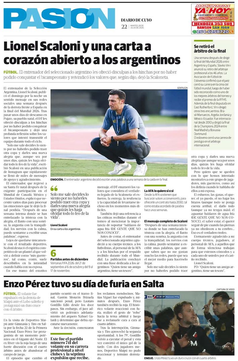 Diario de Cuyo | Tapa Pasión 28 de Julio 2026